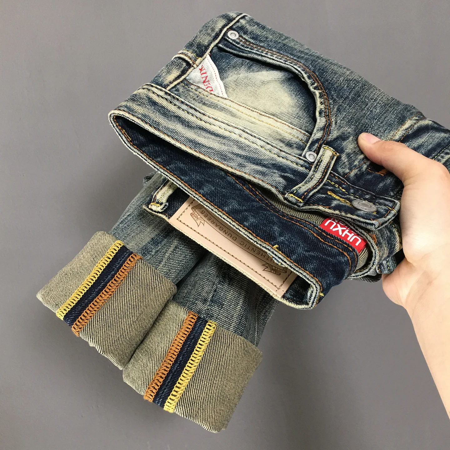 

Мужские легкие джинсовые джинсы в стиле ретро, 2025 г. А/Вт, облегающие прямые брюки, модные американские брендовые повседневные потертые брюки, брюки