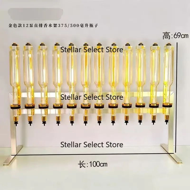 12-Piece Loose Perfume Bar Dispenser Set with Gold Pump Heads Measuring Cup Silver Display Rack 6 Heads for the Bar