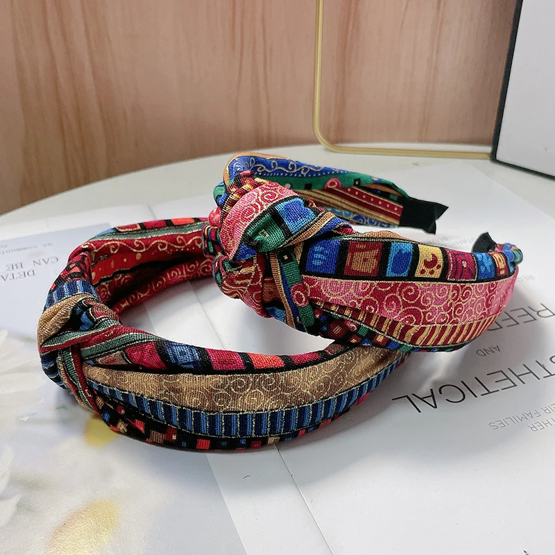 Ethnic Style Wide Edge Knot Printed Fabric Hairhoop Hairband For Women\'s High-End Fashion And Versatile Color Contrast Headband