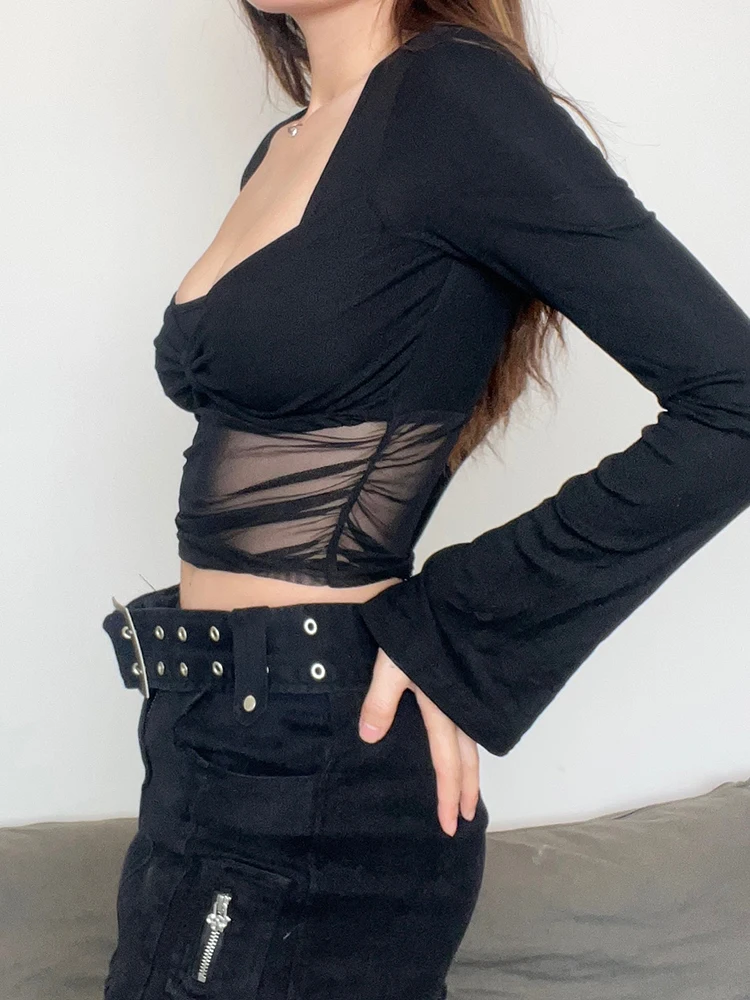 Weekeep Black Mesh Crop Top Women Full Sleeve Square Collar Solid T Shirt Bow Patchwork Skinny Sexy Tee Korean Fashion Clothing