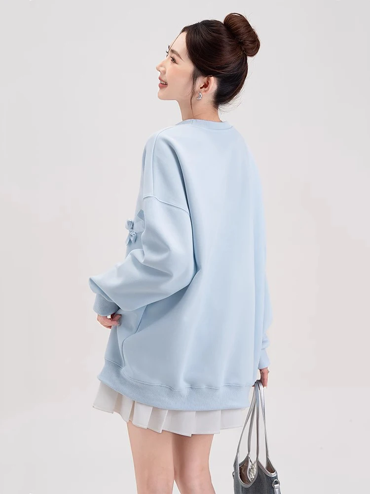 New Women Spring Autumn Bow Sweatshirt Fashion O-Neck Drop Shoulder Oversize Pullover Sweet Light Blue Casual Loose Sweatshirt