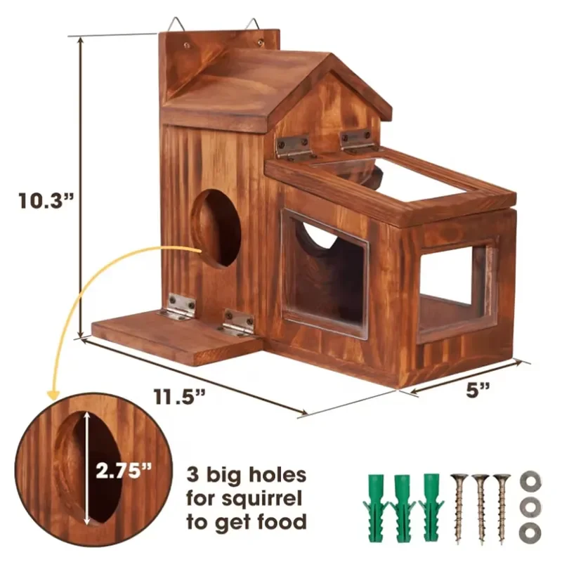 for Sustainable Durable Wooden Squirrel Feeder Pet House Tree Hole Design Windproof Waterproof Hook Loop Closure for Outdoor