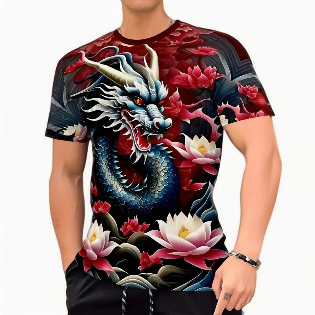 

Summer T-shirt Dragon Men's Short Sleeve Outdoor Fashion Street Round Neck Top 3D Animal Print OverSize Casual Men's Clothing