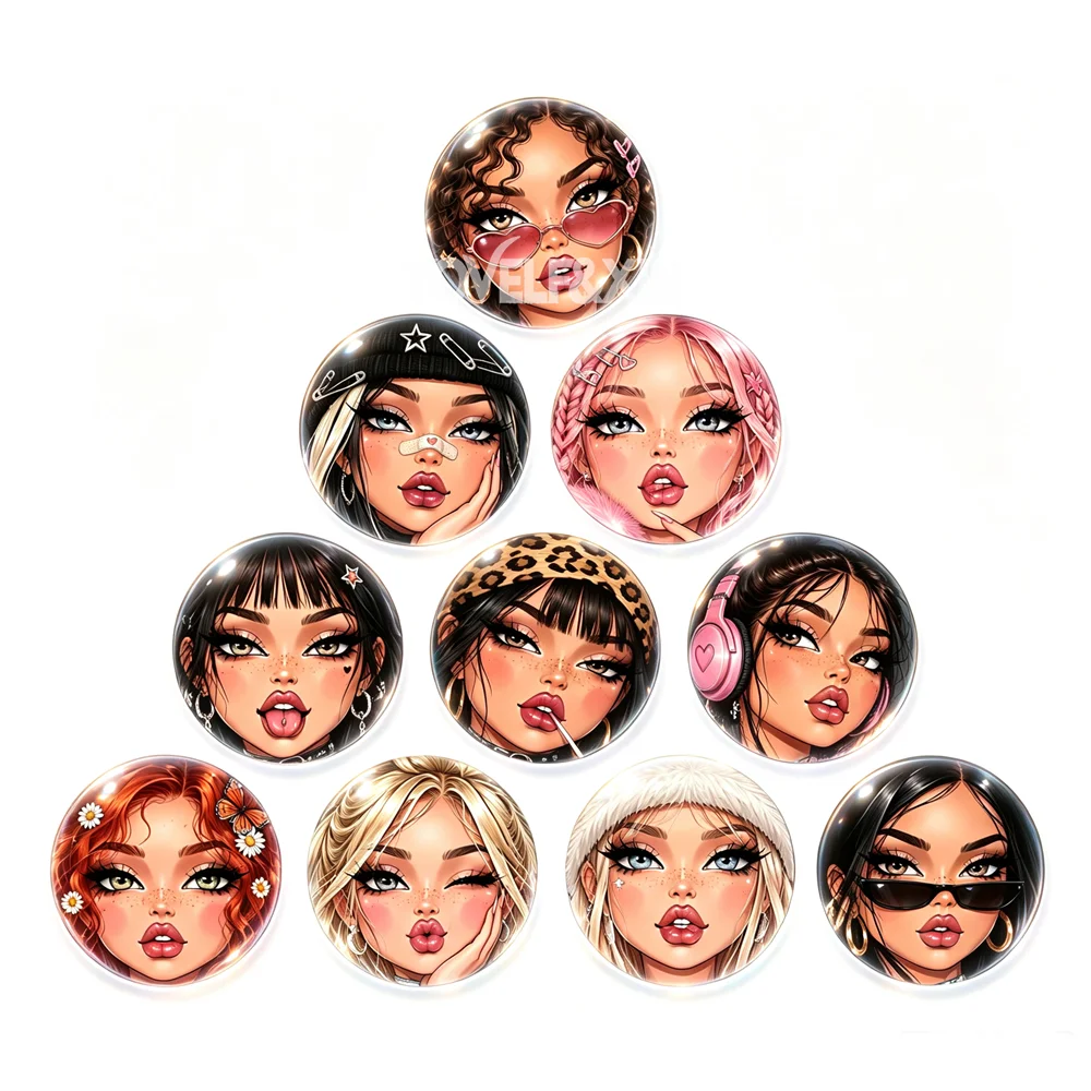 10Pcs Y2K Accessorized Girl Face Glass Cabochons Flatback Round Cameo Charms DIY Supplies for Keychain Fridge Magnet Crafts