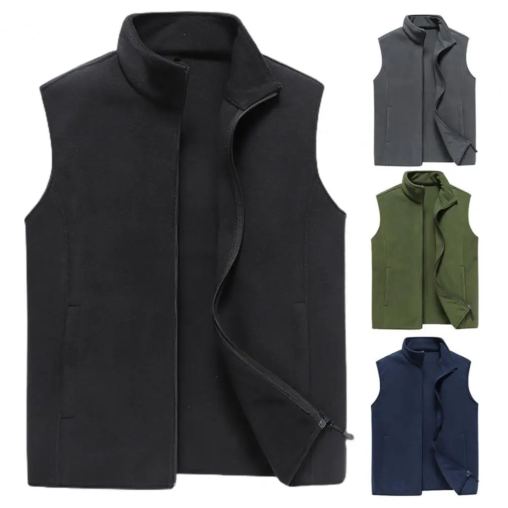 Men Vest Solid Color Sleeveless Stand Collar Fleece Autumn Waistcoat for Daily Wear