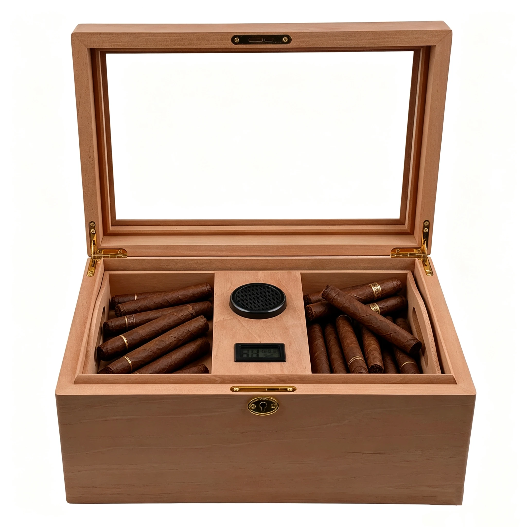 Natural Wood Color Cedar Transparent Skylight Moisturizing Cigar Box, Humidifier And Electronic Hygrometer.