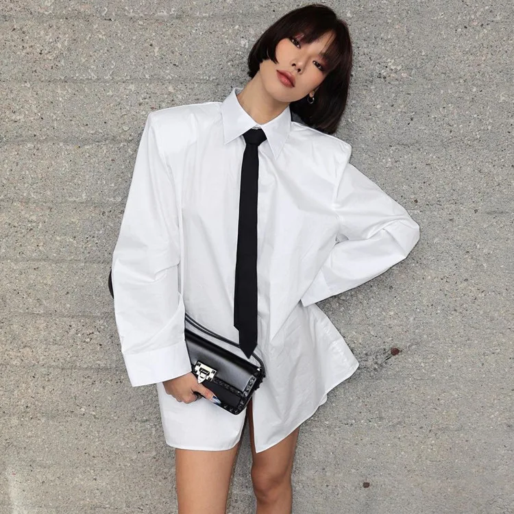 

Shoulder Pads Tie Tunic Shirt Women Summer Casual Lapel Long Sleeve Cotton Loose Blouses Shirts Fashion Tops Streetwear 2025