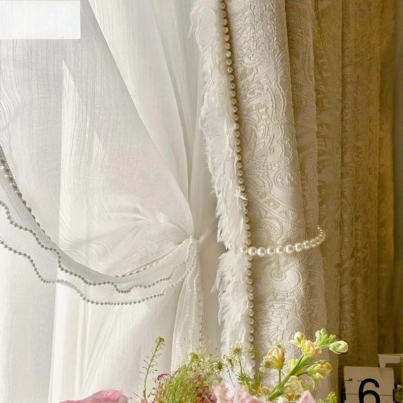 

French style Romantic Cream Curtains for Living Room Bedroom Dining Relief Retro Blackout High Precision Pearl Plume