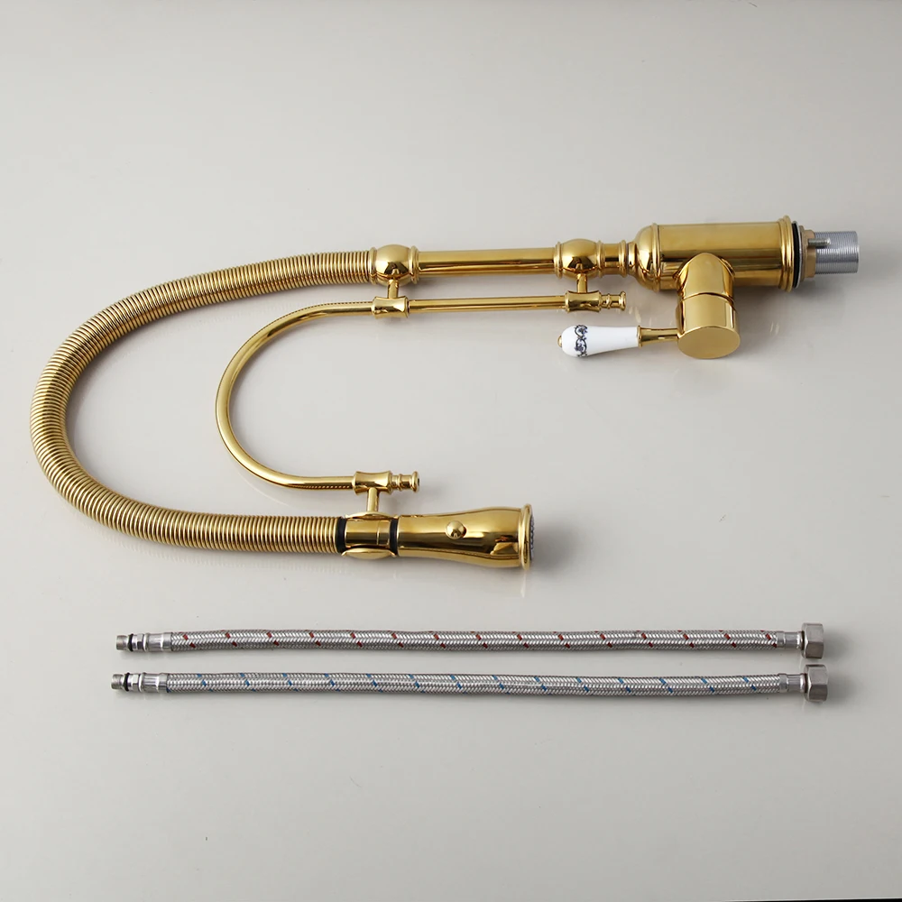 Sink Faucet Hot & Cold Basin Crane Tap with Dual Spout Deck Mounted Mixer Water Tap Torayvino Golden Spring Pull Down Kitchen