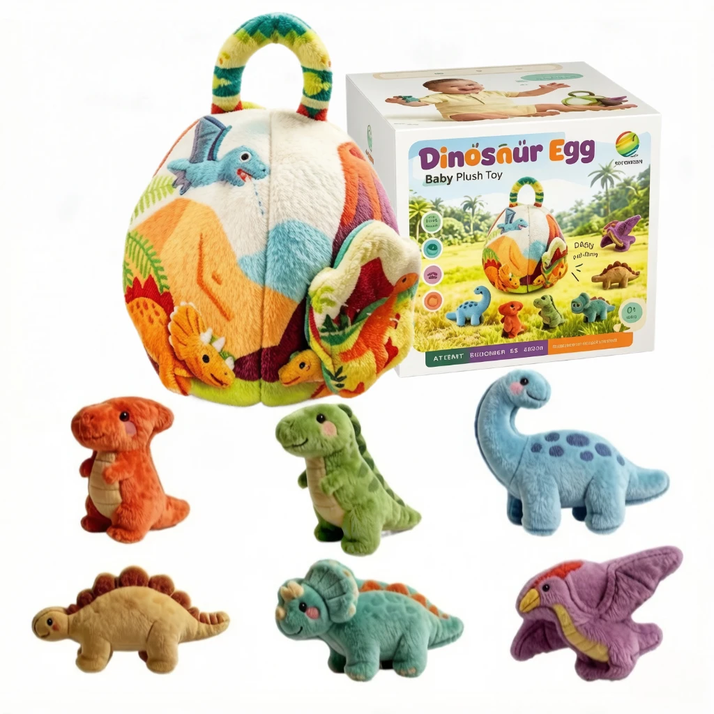 

7Pcs Cute Dinosaur Egg Shape Sorter Set, soft plush farm animals, fine motor soothing educational gifts for infants