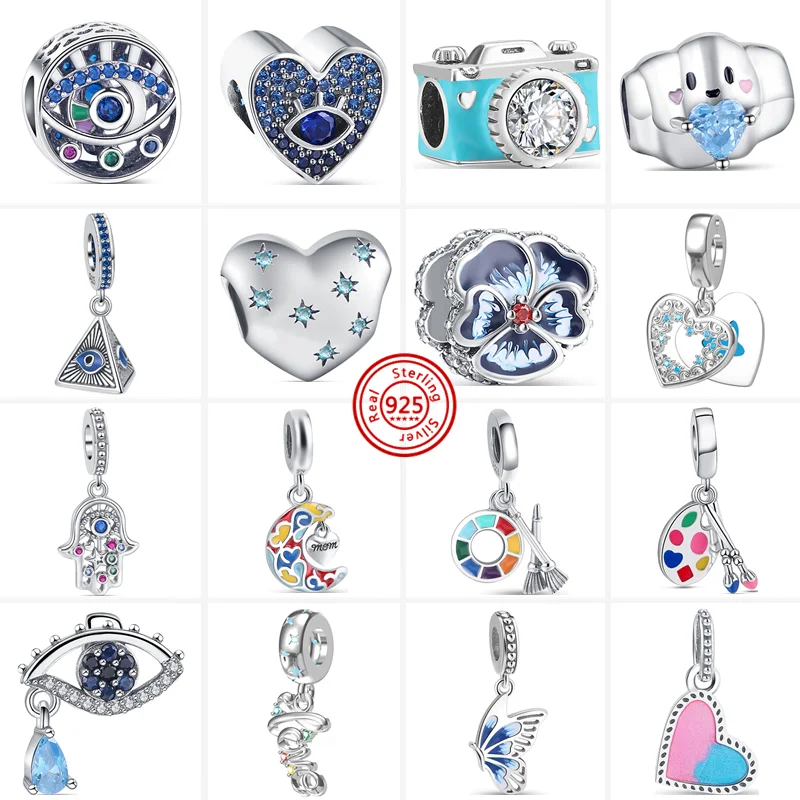 

925 Sterling Silver Blue Eyes Butterfly Camera Colorful Palette Moon Mom Heart Beads Fit Original Pandora Charms Bracelet DIY