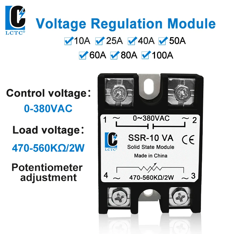 LCTC SSR Solid State Relay Voltage Regulator Adjustable 10A 25A 40A 50A 60A 80A 100A VA Single Phase 0-380VAC Potentiometer
