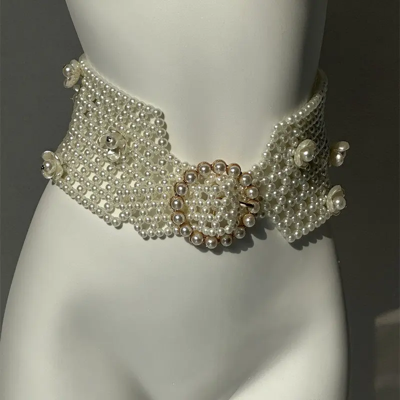 Vintage Hand-woven Imitation Pearls Waistbands Elastic Waist Belts Irregular Wide Hollow Out Pearls Corset Cinturones Para Mujer