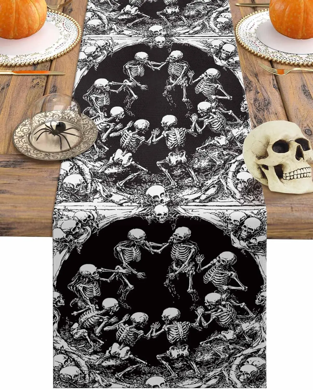 Halloween Skeleton Silhouette Linen Table Runner Party Decor Spooky Skull Kitchen Dining Table Runner Halloween Decorations
