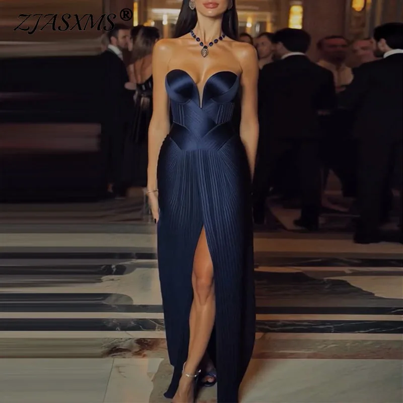 Abito da banchetto vuoto senza spalline sexy primaverile Donna Elegante abito a pieghe diviso a vita alta Abiti lunghi Boho con cerniera senza schienale estiva