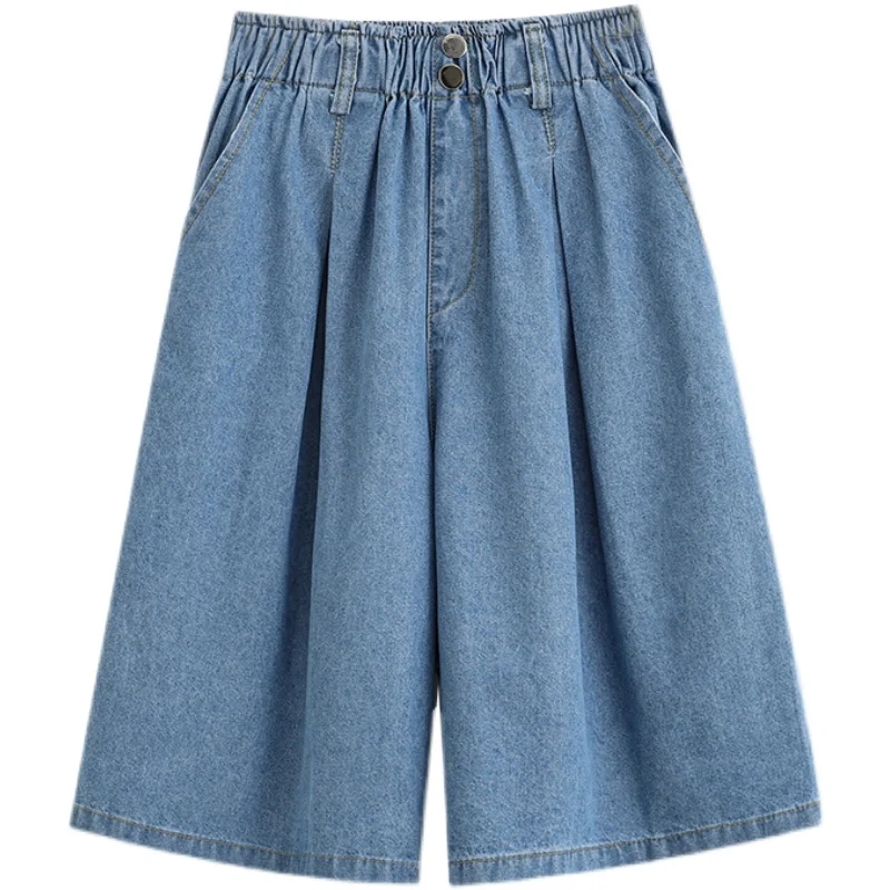 ขากว้างหลวมกางเกงยีนส์กางเกงขาสั้นผู้หญิง 2025 ฤดูร้อนใหม่เอวสูงครึ่งความยาวสีฟ้ากางเกงยีนส์กางเกงขาสั้นเกาหลีกางเกงยีนส์สบายๆ