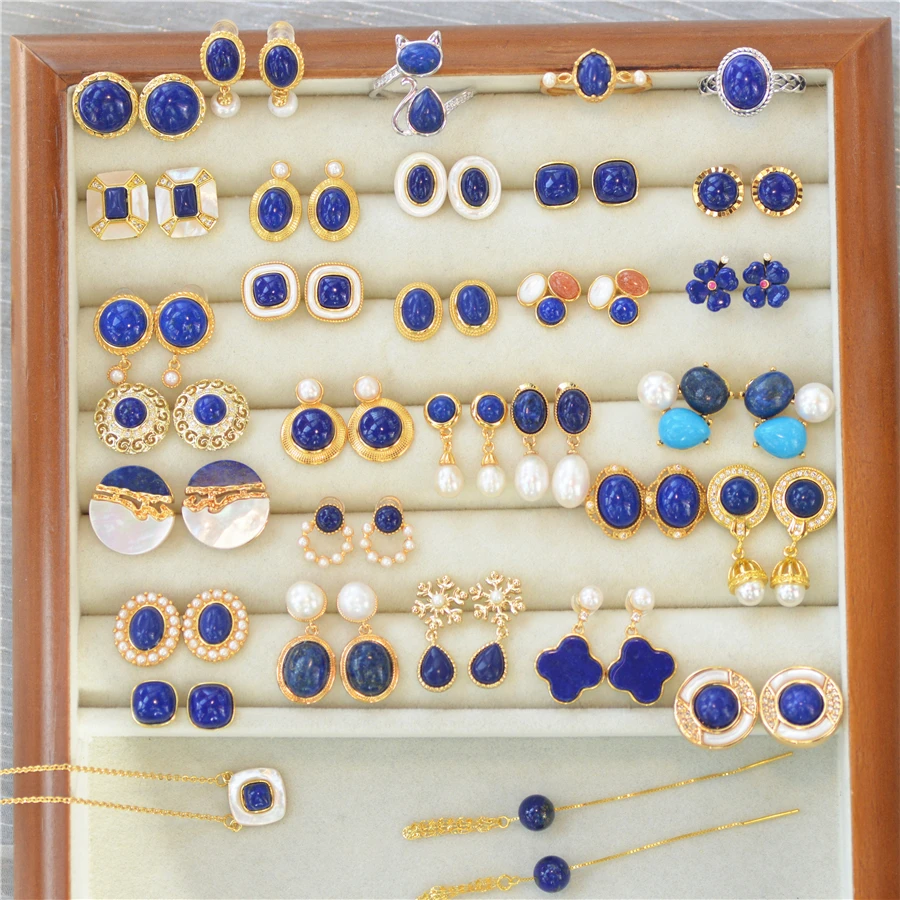 

Middle Ancient Jewelry Natural Raw Ore Blue Lapis Liluite 925 Silver Gold Plated Earrings Round Beads Stud Earrings