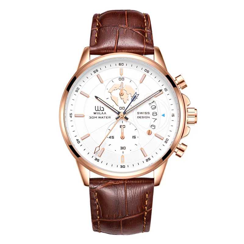 Men's Rose Gold Chronograph Watch - 6-Hand Multi-Function Date Display Genuine Leather Strap Alloy Case Quartz Movement
