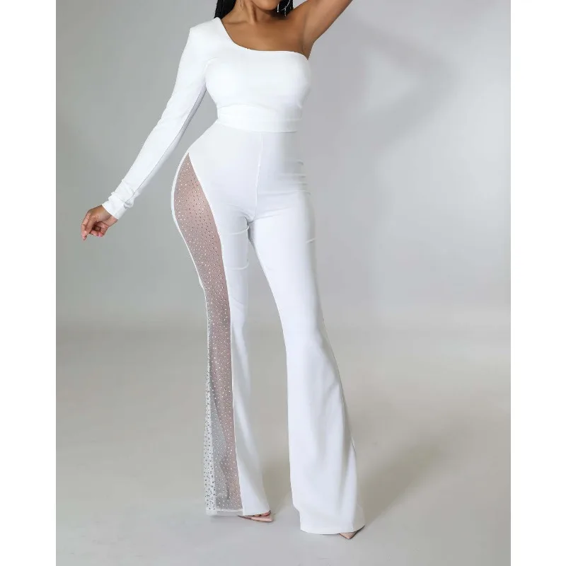 

Women's Fashion One Shoulder Long Sleeve Mesh Patchwork Micro Flare Jumpsuit Female Sexy Off-shoulder High Waist Jumpsuits