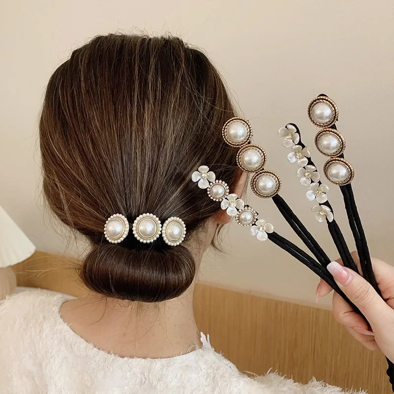 Elegant Fashion Flower Pearl Hairpin Bun Maker Twist Headband Lazy Hair Accessories Women Hairstyle Hair Stick Banquet 1pcs New