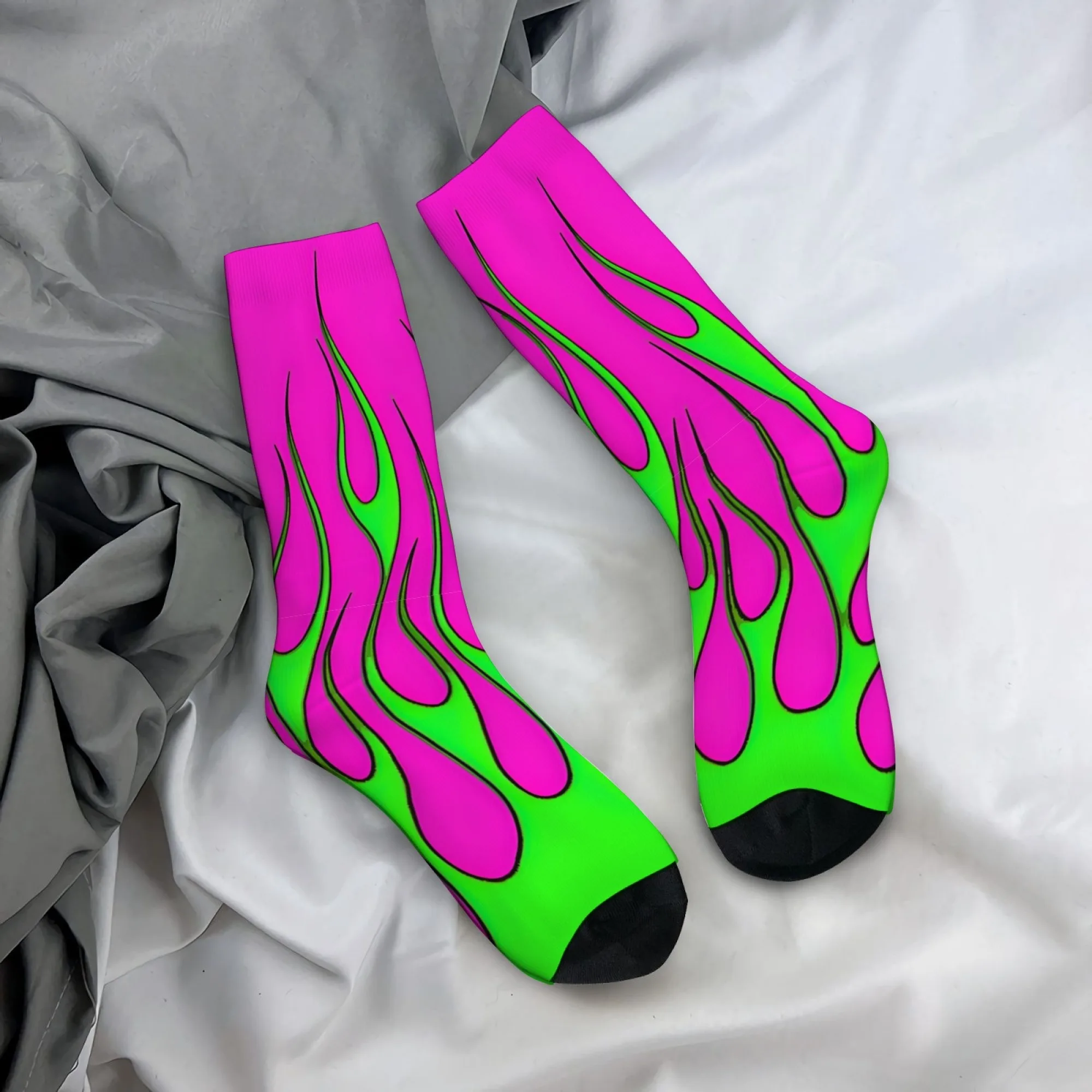 Men's Green Flame Fluorescent Pink Printed Socks Breathable and Non-slip Socks Street Fashion Sporty Harajuku Style Fun Socks