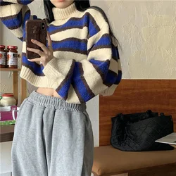 MEXZT Sweater Women Sexy Cropped Turtleneck Striped Pullovers Streetwear Korean Loose Long Sleeve Knitted Sweater Chic Lady Tops