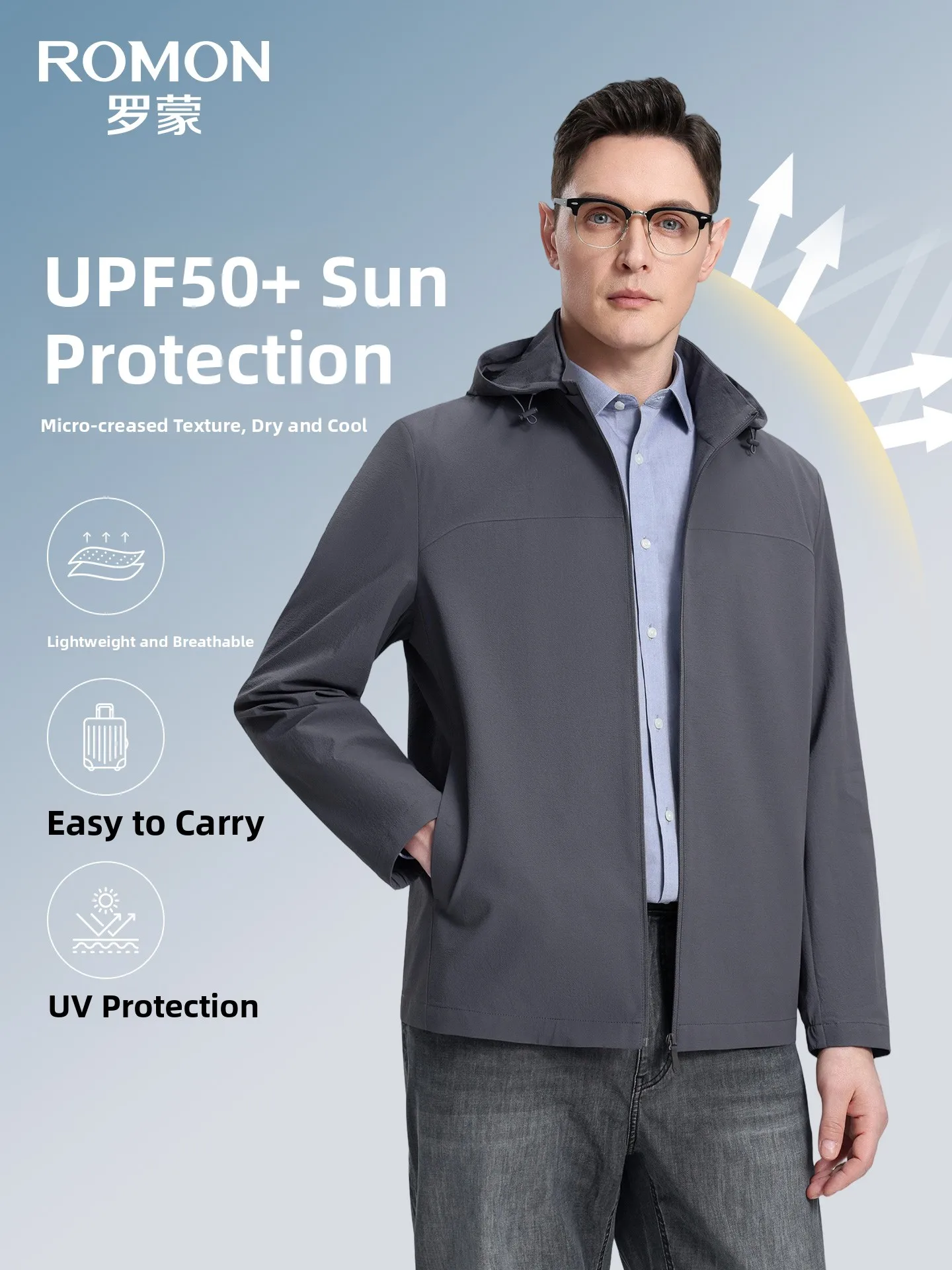 Romon Men's Short Hooded Jacket Removable Business Casual Versatile Simple Outerwear Nylon Polyester Zipper Closure Outdoor