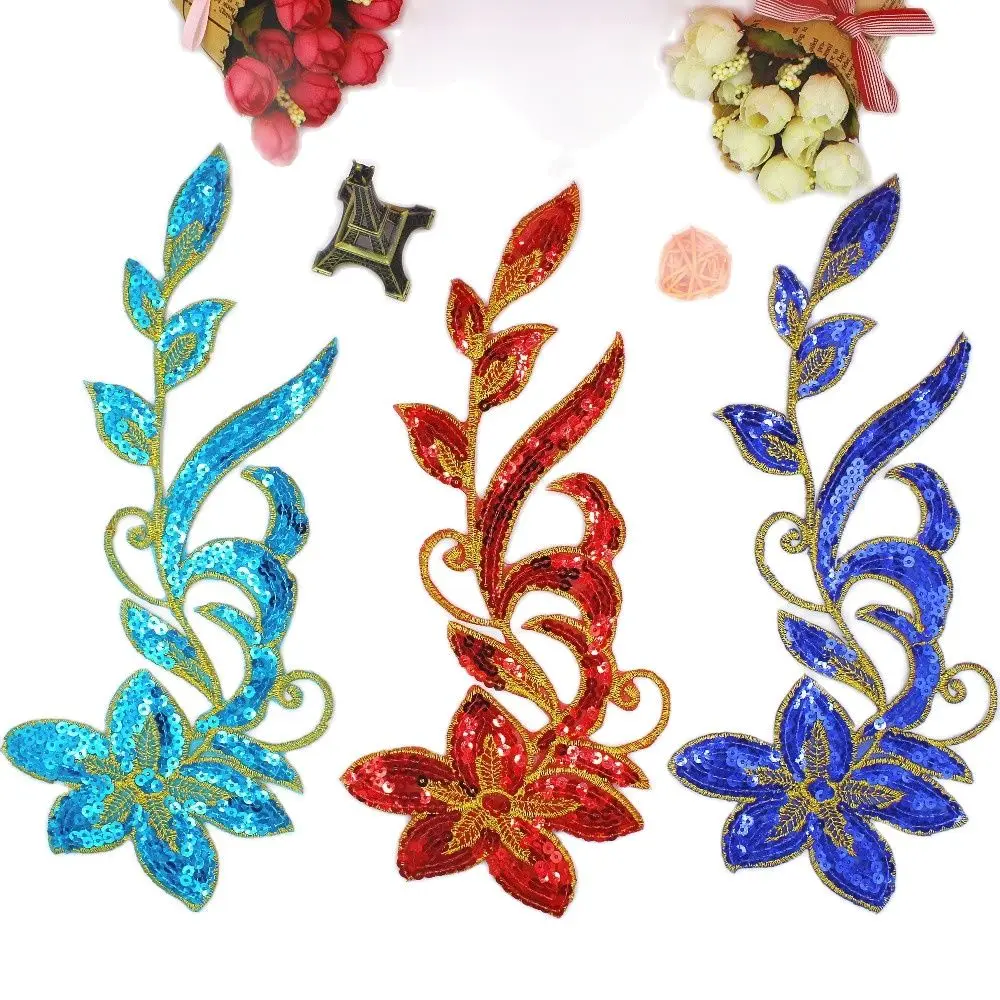 2 Pcs Iron On Patches Mirror Pair Flower Sequined Appliques Trims Hologram Diy Dance  Accessories 12.5*31cm