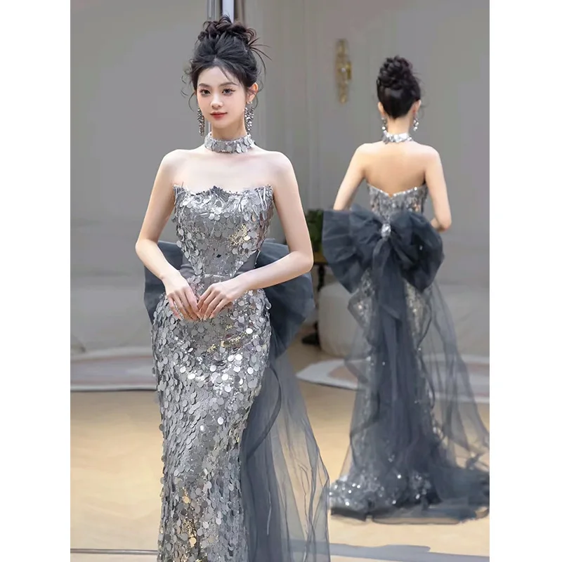 Improved Cheongsam Evening Dress 2024 Mermaid Sequined Western Style Off Shoulder Luxury Banquet Qipao