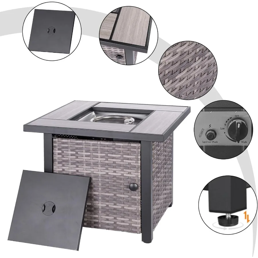 30 طاولة حفرة نار من البروبان مع سطح طاولة من السيراميك الحقيقي ولوحة جانبية من الروطان بقدرة 50000 وحدة حرارية بريطانية مع غطاء وصخور زجاجية #2