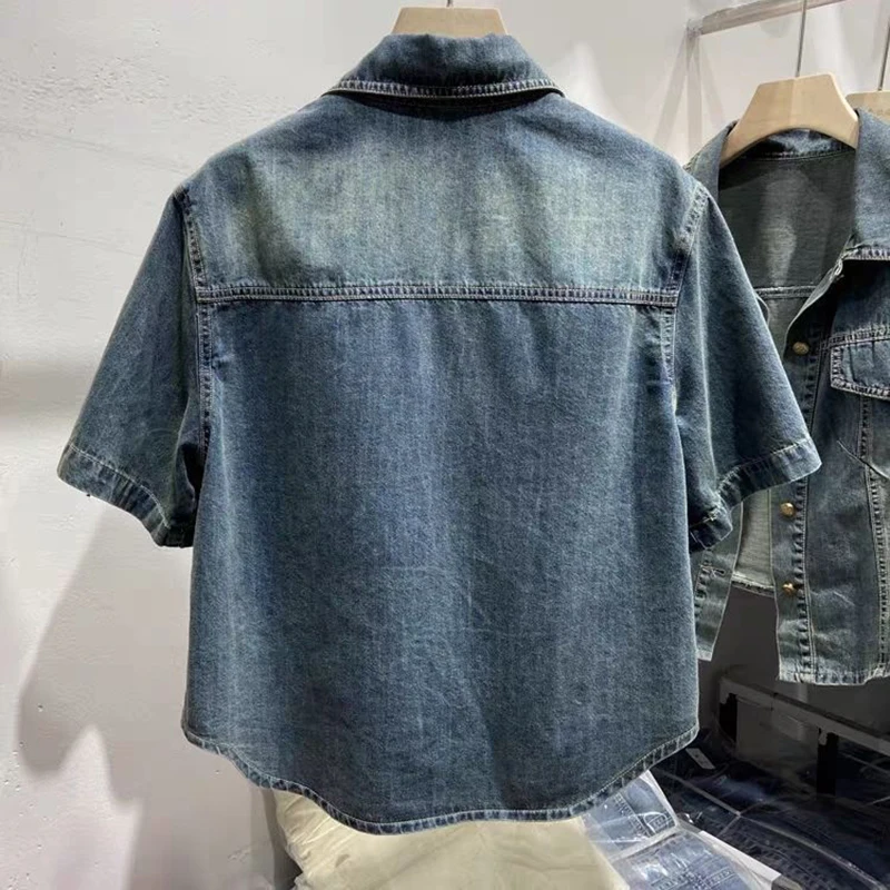 Denim Shirt  Women\'s Summer 2024 New Turndown Collar Loose Casual Short Jacket Fashion Short Sleeved Single Breasted Thin Top