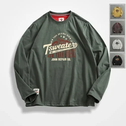 Vintage motorcycle print long sleeve T-shirt men's pure cotton wash ground wool round neck pullover casual jacket