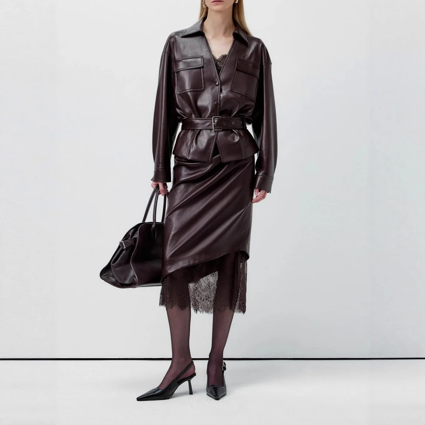 레이스 패치워크 가죽 PU 미디 스커트 프렌치 스타일 패셔너블 하프 바디 힙 허깅 스커트 하이 웨이스트 피쉬테일 스커트