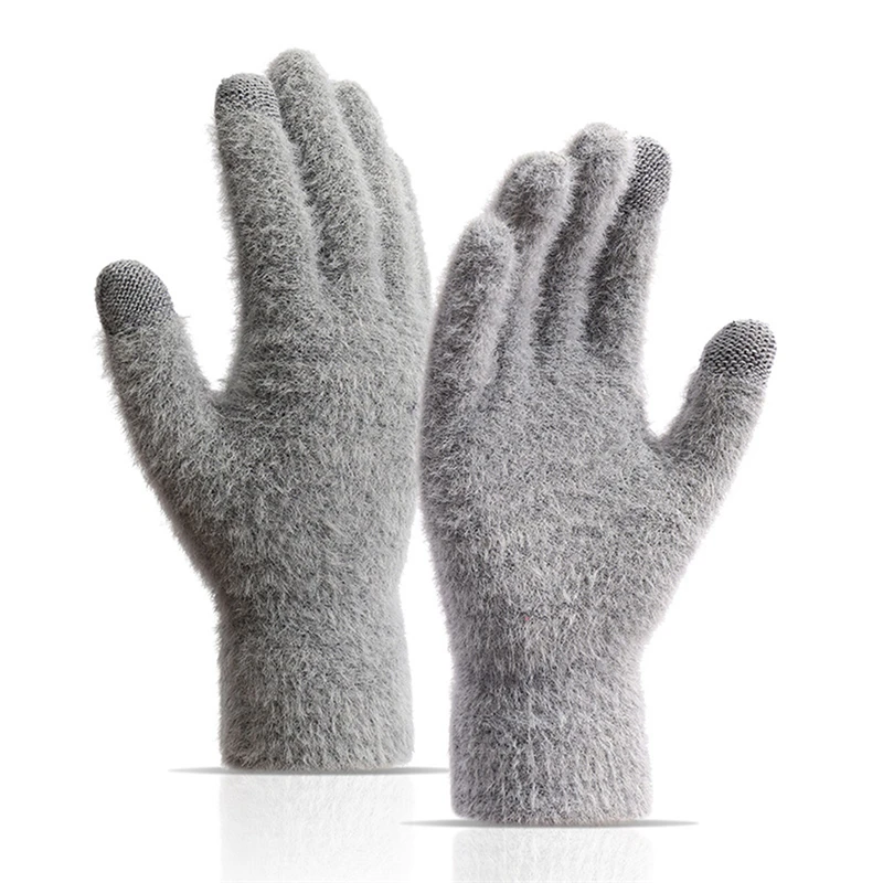 Winter Warm Plush Gloves Women Men Solid Color Imitation Mink Fur Fluffy Five Finger Touchscreen Gloves Outdoor Cycling Glove image 2