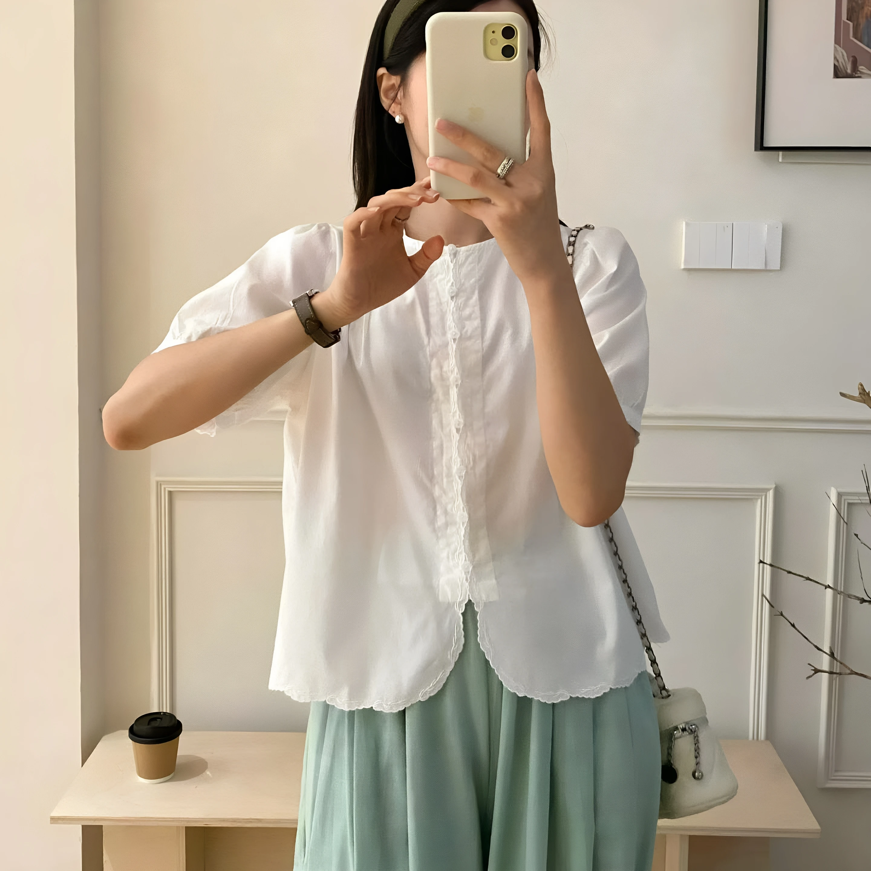 Commute Style Pure Cotton Loose Short Sleeve Women's Shirt Wooden Design Breathable Comfortable Korean Version round Neck