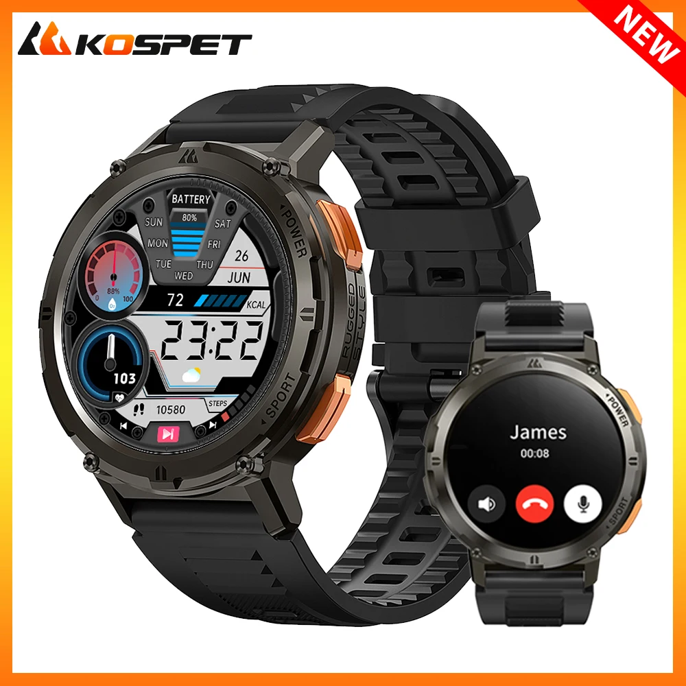 2024 Original KOSPET TANK T2 Smart Watch Men AOD Smartwatch Sport Fitness AMOLED 5ATM Waterproof Bluetooth Call Men\'s Watches