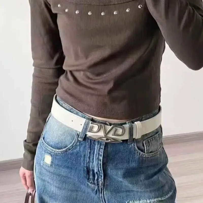 Cinto Unissex Nostálgico com Fivela de DVD - Faixa Decorativa Branca e Preta para Jeans, Perfeita para Uso Diário e Trajes de Festa