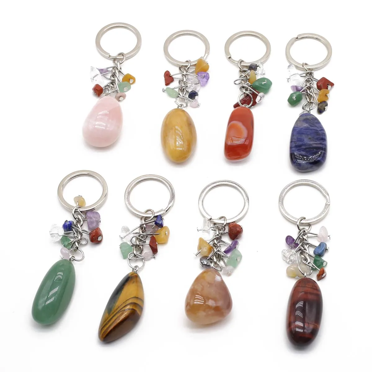 5 PCS Wholesale Natural Stone Keychain Crystals Quartz Lapis Lazuli Agate Jade Opal KeyRing Key Chain Hangle Jewelry Accessories