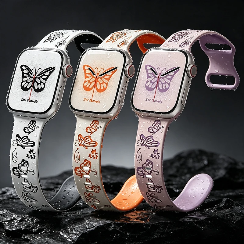 Butterfly Engraved Strap for Apple Watch Band 41mm 40mm 42 46mm 45mm 44mm Silicone for iWatch Series 11 10 9 8 7 6 SE 5 4 ultra