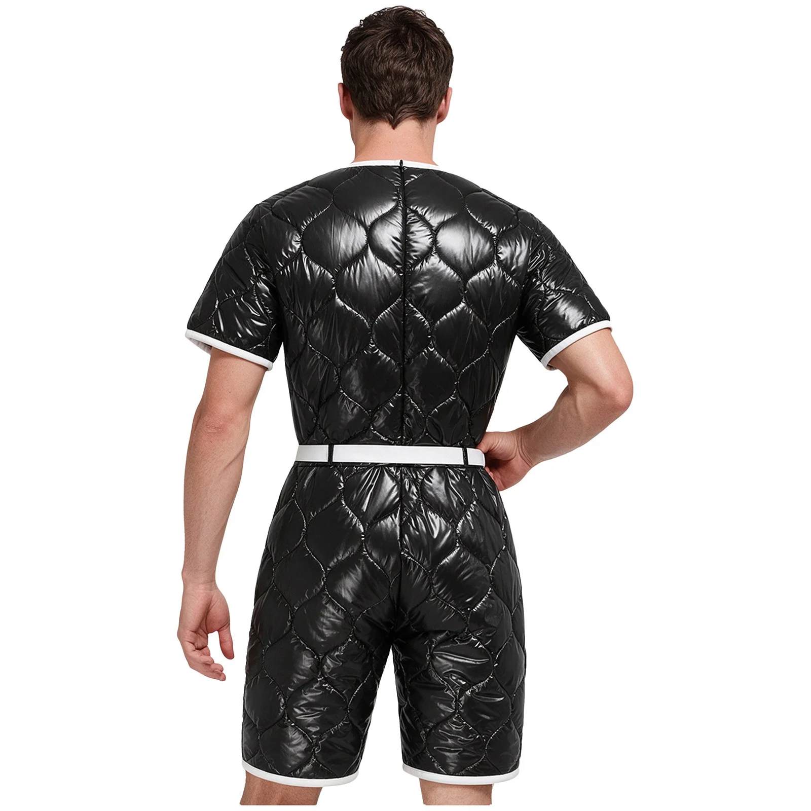 Mens Water Resistant Padded Jumpsuit Short Sleeve Back Invisible Zipper Thigh Length Bodysuit with Pockets And Adjustable Belt