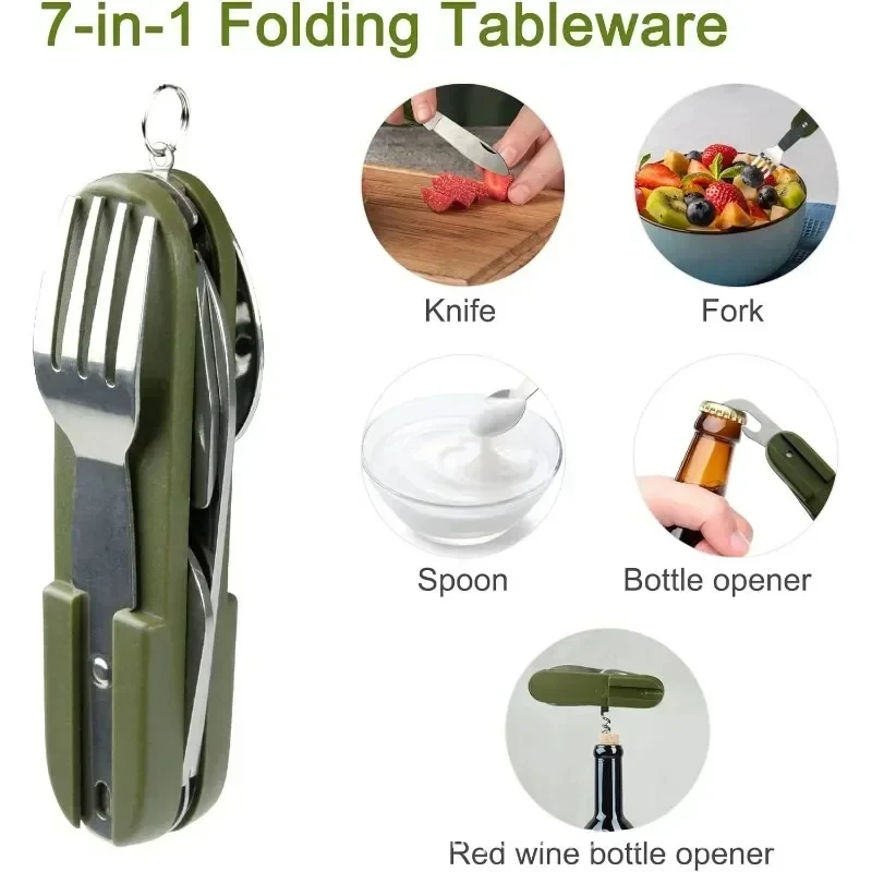 Vajilla portátil, vajilla para exteriores, cuchillo plegable para acampar, juego de tenedor y cuchara, vajilla plegable multifuncional, juego de tres piezas