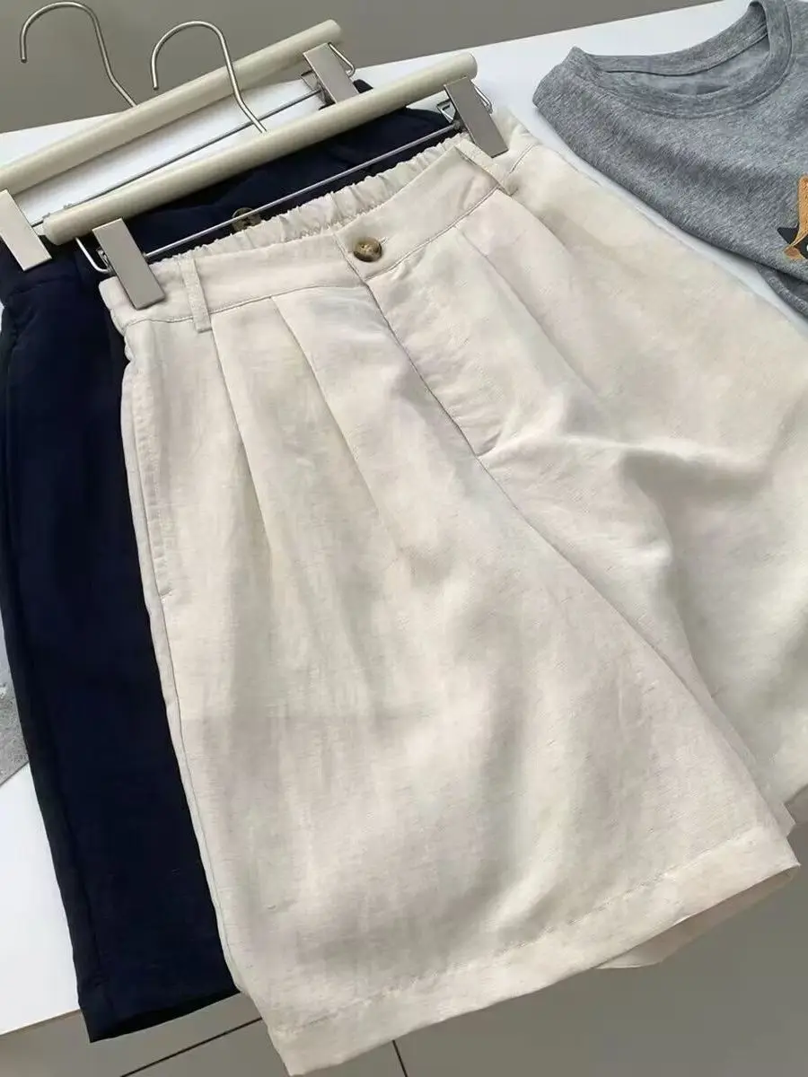 Linen Lyocell Women's Shorts Summer Lightweight Breathable High Waist Slim A-Line Wide Leg Five-Quarter Pants Casual Style