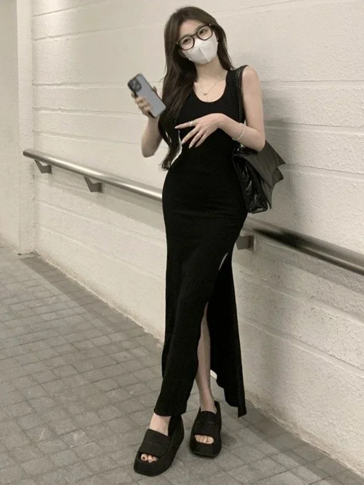 Abiti con spacco nero Donna senza maniche Hotsweet alla caviglia Casual Estate Aderente Temperamento Moda femminile Stile coreano Classico