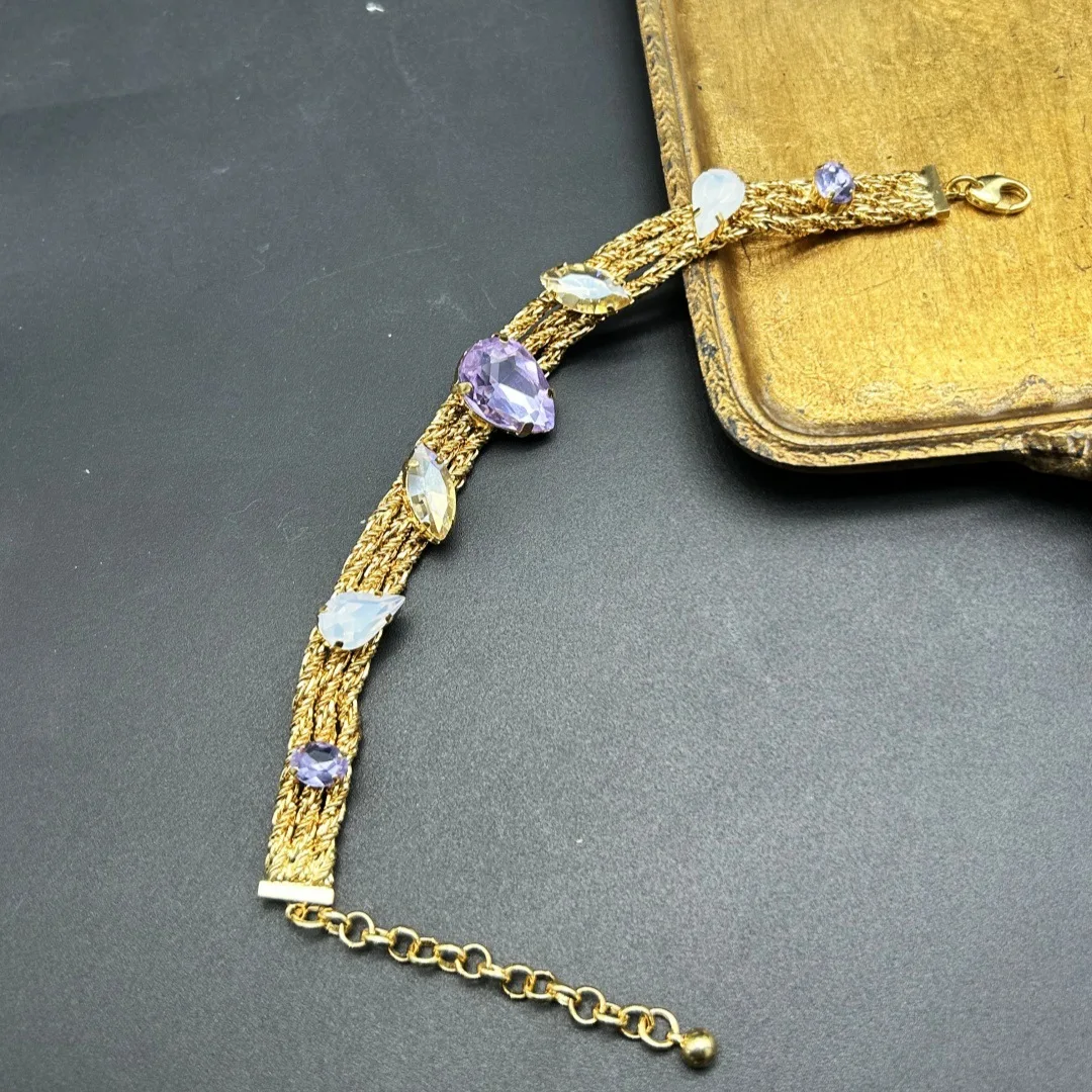 Medieval Vintage Copper Plated Real Gold Rhinestone Color Diamond Inlaid Heavy Industry Craft Bracelet