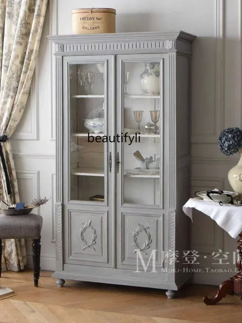 

A13 American solid wood wine cabinet French bookcase for old dining edge oak storage decoration display cabinet