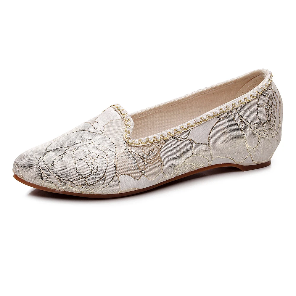 Veowalk Gold Embroidery Women Pointy Toe Slip On Ballet Flats Comfortable Elegant Casual Ballerinas Shoes for Ladies Beige