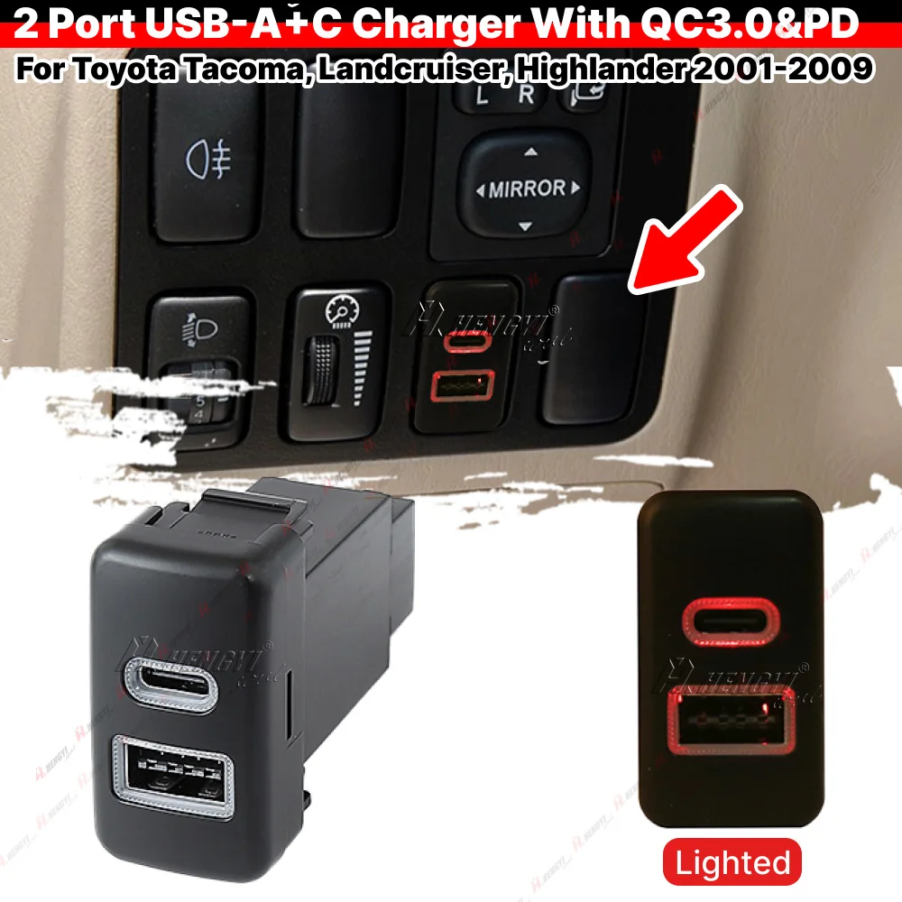 Przycisk przełącznika panelu deski rozdzielczej Konwertuj USB-C PD + Zestawy gniazd portu USB-A QC3.0 do Toyota Land Cruiser FJ Cruiser Tacoma