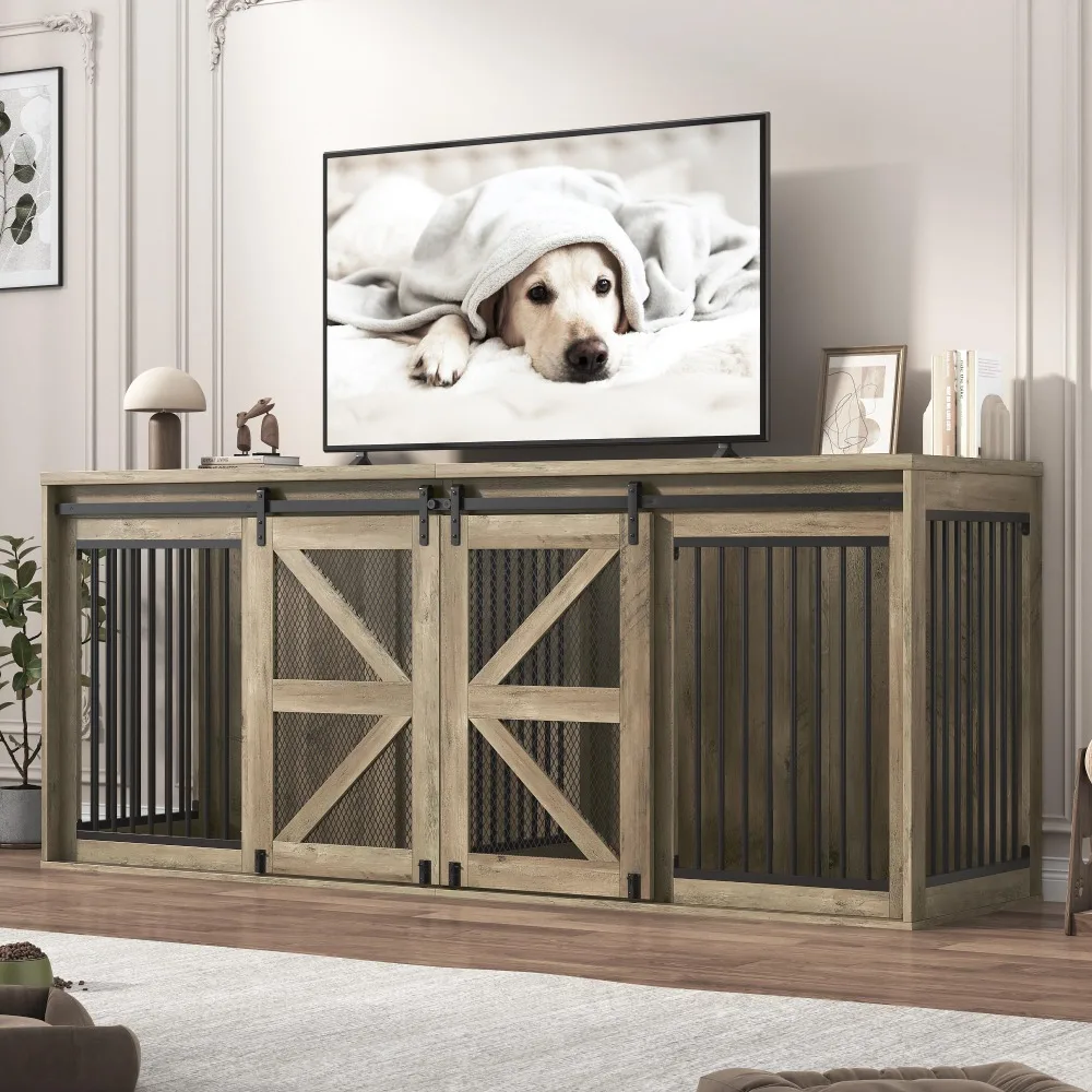 jiteentarou87In Farmhouse Dog Crate TV Stand, Wooden Dog Kennel Furniture with Sliding Metal Mesh Barn Door, Large Dog