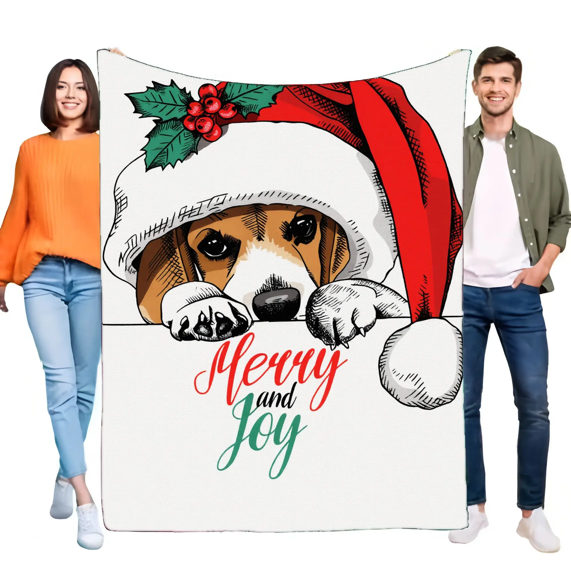 Merry and Joy Beagle Dog Christmas Blanket Cozy Soft Throw Perfect for Home Decor Holiday Gift for Dog Lovers