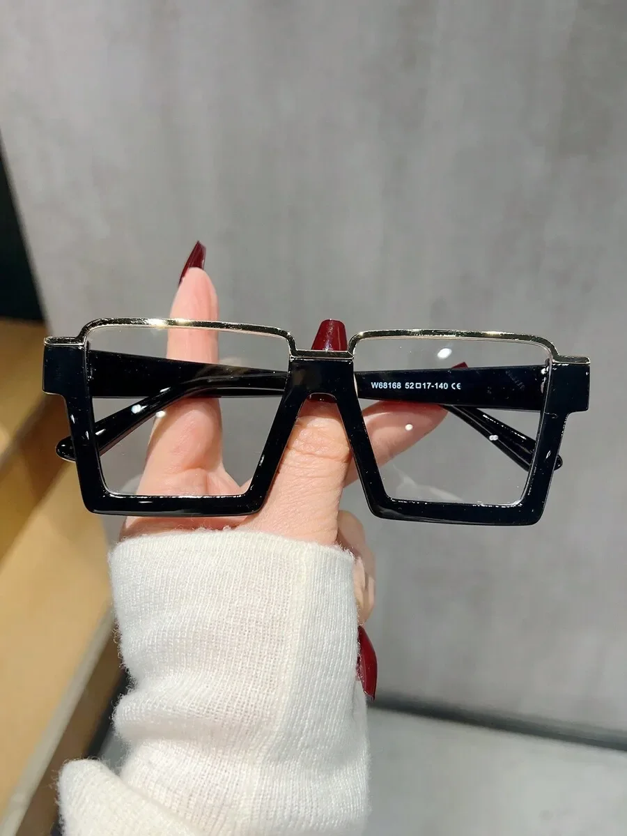 1pc-1pc Women's Square Black Metal Inlaid TR Frame Non-Prescription Glasses, Fashion Versatile Glasses Framesss
